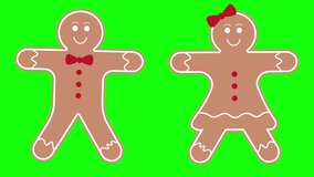 4k Gingerbread Cookies Icons Isolated on Green Chroma Screen  Christmas Decorations Dancing Gingerbread man and woman cookies. Male and Female Xmas Cartoon Characters Sweet biscuits Candy for New Year