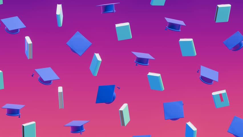 Education booksooks and graduation caps on a vibrant gradient background. 4K 60 fps High-quality 3D animation Royalty-Free Stock Footage #3402955473