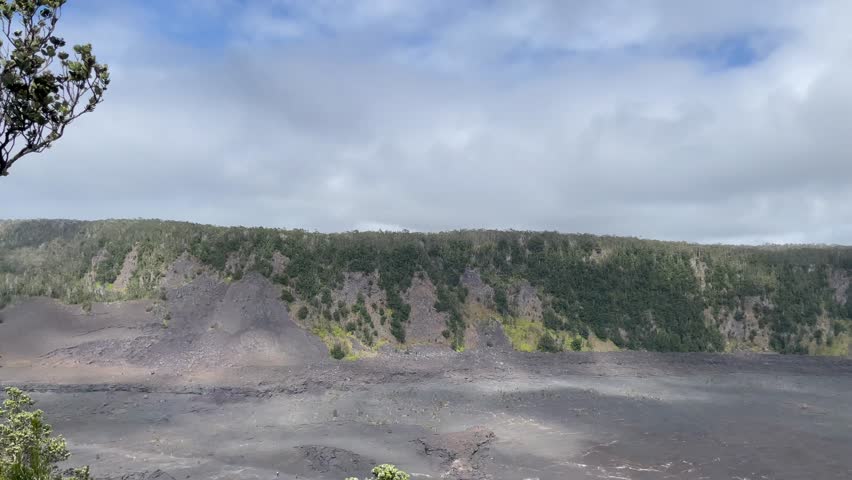 Scenic aerial panoramic Kilauea Iki Crater vista at the Volcanoes National Park on the Big Island of Hawaii