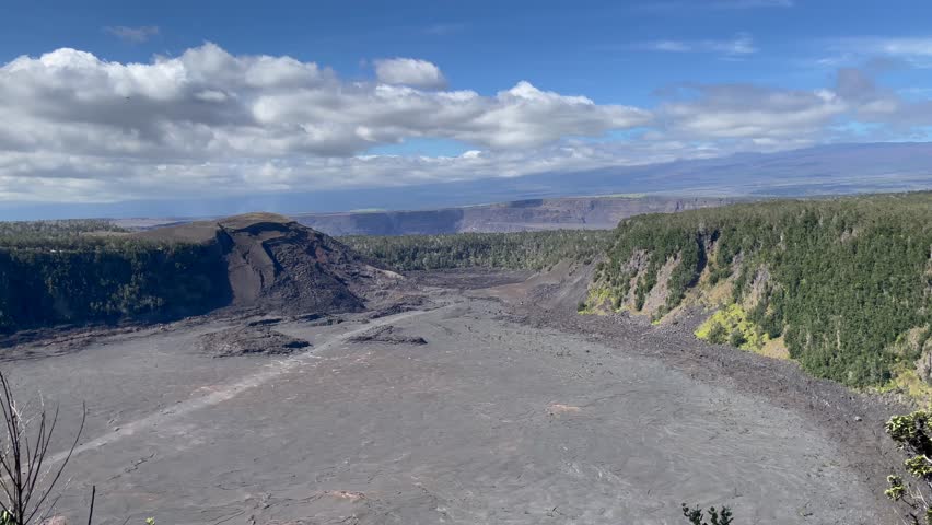 Scenic aerial panoramic Kilauea Iki Crater vista at the Volcanoes National Park on the Big Island of Hawaii