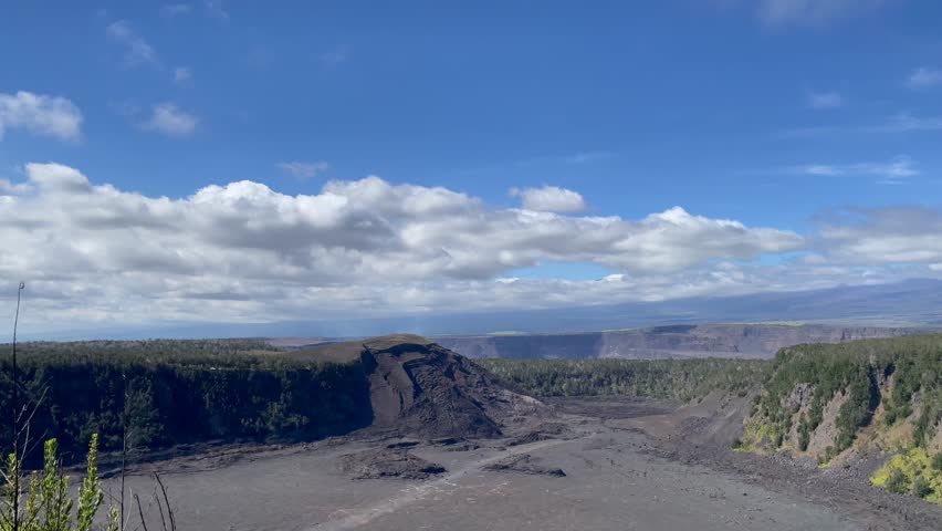 Scenic aerial panoramic Kilauea Iki Crater vista at the Volcanoes National Park on the Big Island of Hawaii