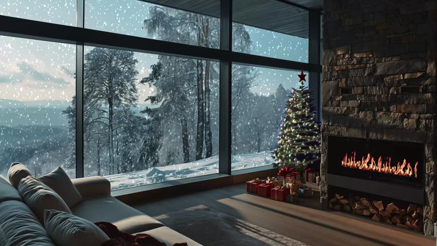 luxury cozy christmas, relaxing living room with fireplace, christmas decorations and snowy forest view
