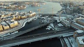 The construction site of Slussen in Stockholm, Sweden from above, in winter with snow and bright light