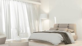 Modern bedroom decorated in a minimalist style with an all white 3D render. The morning sunlight entered the room and the wind blew at the curtains. - Powered by Shutterstock - Get 15% off with code: PIKWIZARD15