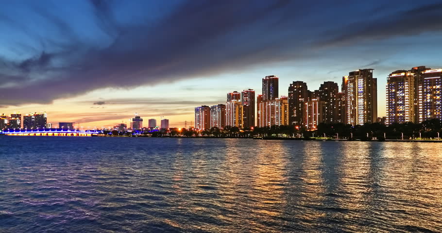 Suzhou Jinji Lake residential area buildings at night. 4k real time video.