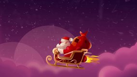Animated video of Santa Claus flying In the sky on the cloud 