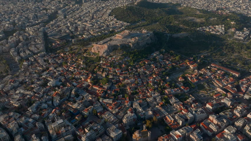 High aerial shot over central Athens and the Acropolis