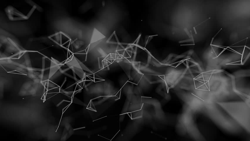 Chemical, technological entanglements of white nanoparticles on a black background. The chaotic movement of points creates a network connection. Black