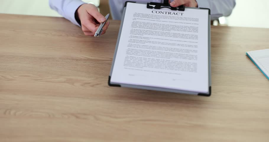 Manager handing client contract for signature closeup 4k movie slow motion. Official employment concept Royalty-Free Stock Footage #3403556985