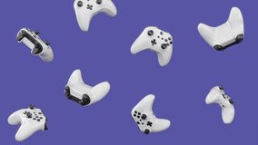 Realistic black video game joysticks or gamepads rotating and falling on violet background. 3D render of streaming gear for cloud gaming and gamer workspace concept