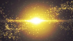 Space gold background with particles. Space golden dust with stars. Sunlight of beams and gloss of particles galaxies. Seamless loop.