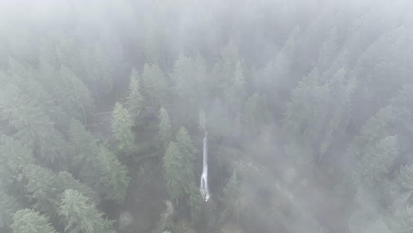 Mist flows slowly over a scenic waterfall in the midst of Oregon
