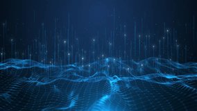 3D 4K Futuristic flight digital line landscape waves, dust particle Smart city big data connection technology Sci fi Skyline lights. Wireless connection internet of things wireframe. 3D Illustration - Powered by Shutterstock - Get 15% off with code: PIKWIZARD15