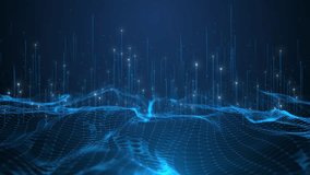 3D 4K Futuristic flight digital line landscape waves, dust particle Smart city big data connection technology Sci fi Skyline lights. Wireless connection internet of things wireframe. 3D Illustration - Powered by Shutterstock - Get 15% off with code: PIKWIZARD15