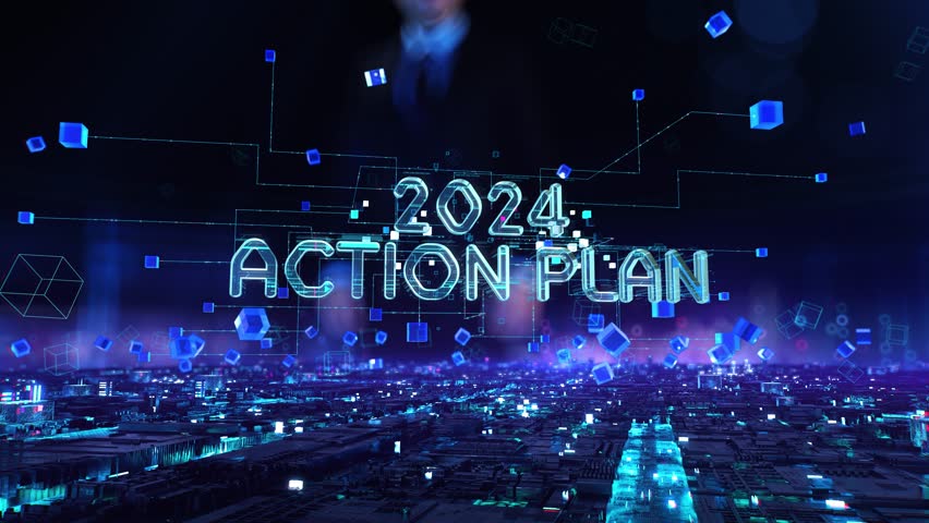 2024 Action Plan - businessman working and touching with augmented virtual reality at night office. 