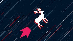 Deer symbol flies through the universe on a jet propulsion. The symbol in the center is shaking due to high speed. Seamless looped 4k animation on dark blue background with stars