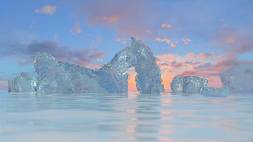 Serene 3D ice arch in a tranquil ocean at sunset, with a pastel sky backdrop. 3D Illustration