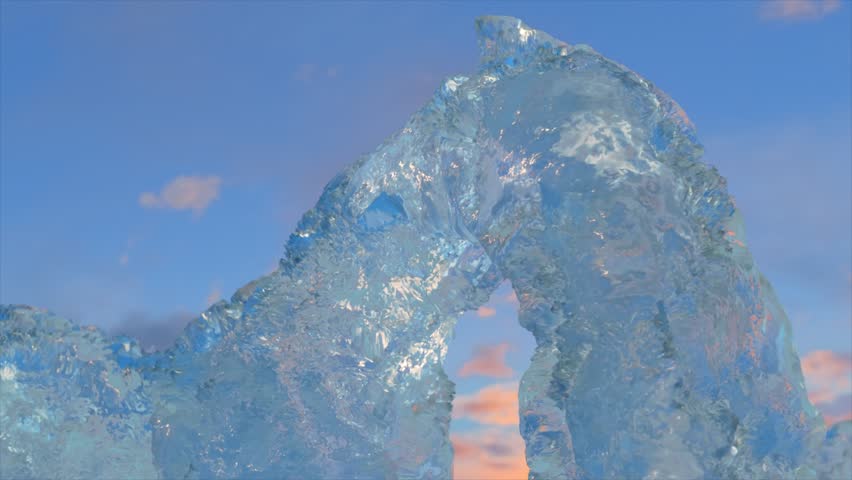 Close-up of a 3D ice arch with a sunset sky, capturing the intricate textures and refractions. 3D Illustration