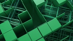 3D maze of interlocking purple cubes and grids, cast in a monochromatic green light. 3D Illustration