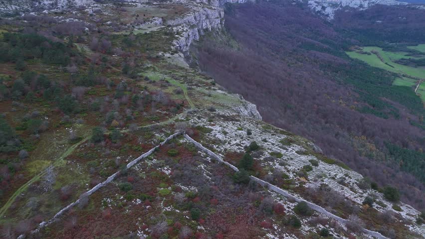 Trap to hunt wolves (Canis lupus), called the Lobera de Barrón in the Sierra de Arcamo. Aerial view from a drone. Artaza. Alava. Basque Country. Spain. Europe