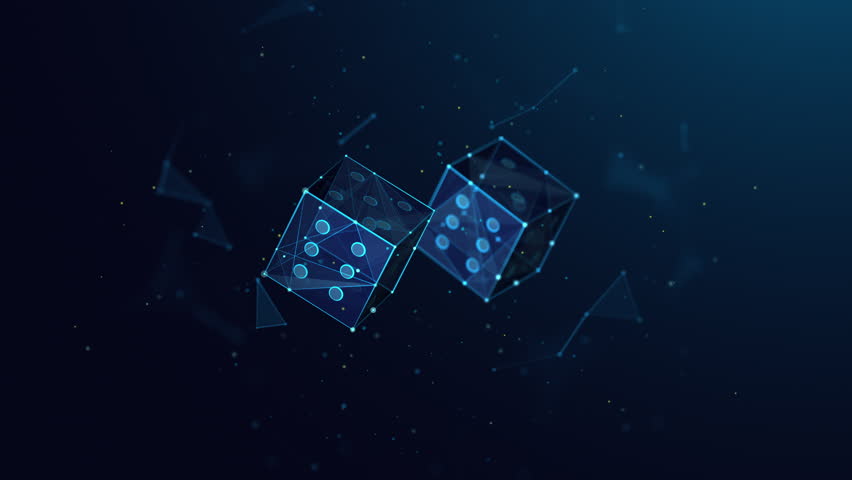 Abstract Animated Low Poly Illustration of Two Spinning Casino Game Dices. Symbol of Fortune and Luck 4K Looped Motion Graphic on Blue Background. Royalty-Free Stock Footage #3403976075