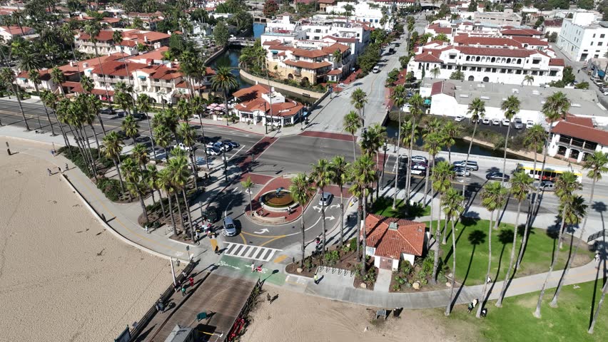 Main Street At Santa Barbara California United States. Beach Front Santa Barbara California. Shore Sky Clouds Beach Sea. Shore Drone View Beach City Panning Wide. Shore Sea Ocean Bay.
