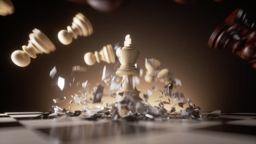 The white king chess piece falls to the chessboard and smashes the black and white pawns. 3d slow motion animation of aggressive attack and successful strategy. Victory in the game.