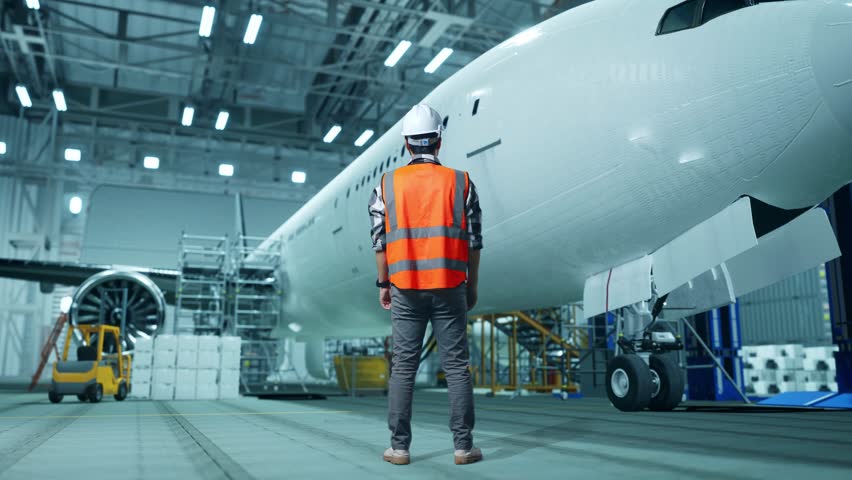 Full Body Back View Of Asian Male Engineer With Safety Helmet With Aircraft In The Hangar. Standing With Arms Akimbo Looking Around, Checking
