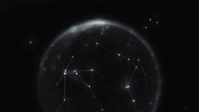 A digital globe made of particles spinning around in a dark background, surrounded by lights that resemble satellites orbiting the earth. The lights are connected by lines that form a network.