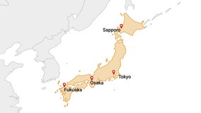 Animation of Japan country map on the world map. Animation of map zoom in with border and marking of major cities and capital of the country Japan. Background with alpha channel. Motion design.