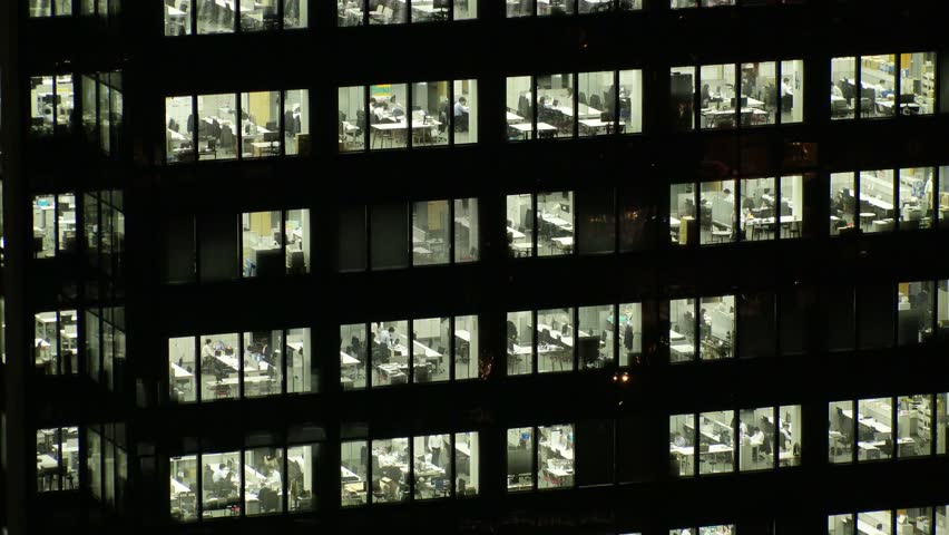 TOKYO, JAPAN : Close up shot of exterior of office building window at night. Company, corporate, job, work and business people concept video. Royalty-Free Stock Footage #3404206661
