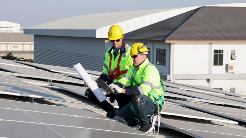 Male professional engineer installing solar photovoltaic panel system, Electrician mounting blue solar module technology on power industrial factory roof, Alternative energy ecological technician job Royalty-Free Stock Footage #3404225571