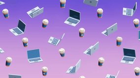 Laptops and takeaway coffee cups on a gradient purple background. 4k 60 fps High-quality 3D animation - Powered by Shutterstock - Get 15% off with code: PIKWIZARD15