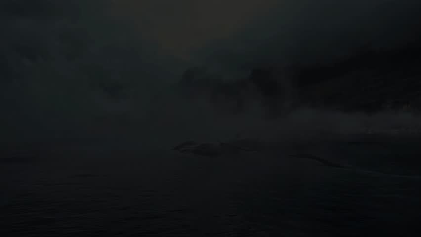 foggy prehistoric seas, giant dinosaurs and flying pterosaurs, 3d animation