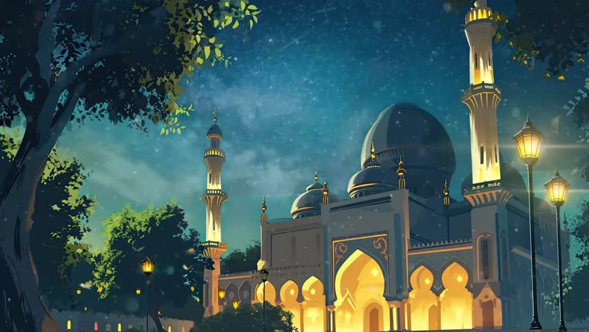 animated close-up of the mosque  decorations during Ramadan and green trees beside it at night. Cartoon style. seamless looping time lapse video 4k animation background. Royalty-Free Stock Footage #3404533797