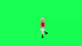 3d Thin blonde girl in orange dress, sitting talking, front angle green screen