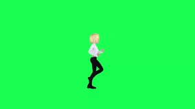 3d thin blonde girl treadmill running left angle green background