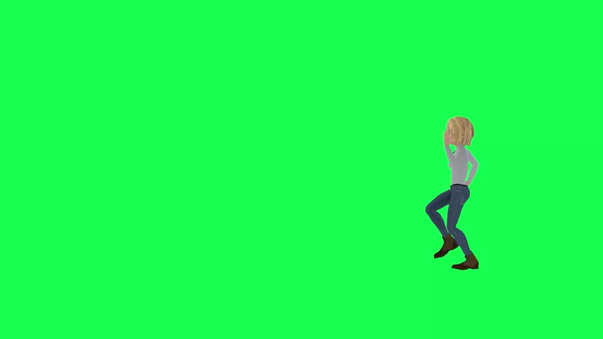 3d Blonde girl in white dress dancing booty hip-hop ,chroma key right angle