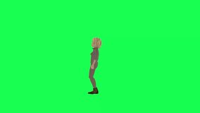 3d blonde girl in brown clothes, happy for winning the match, right angle chroma key