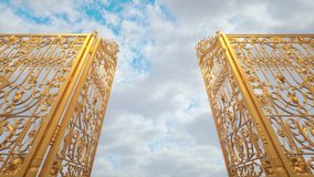 Golden Gate to Heaven. The gate closes against the backdrop of a colorful sky. 3D video animation 4K