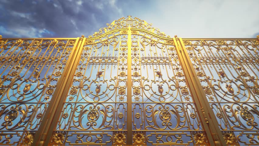 Golden gate to heaven. The gate opens against the background of a colorful sky. Forward movement. 3D Video Animation 4K Royalty-Free Stock Footage #3404552819