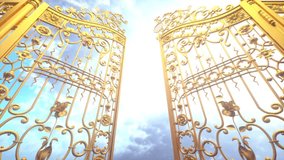 Golden gate to heaven. The gate opens against the background of a colorful sky. Forward movement. 3D Video Animation 4K