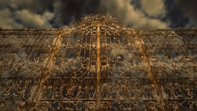 Old rusty gate to hell. The gate opens against a dark, gloomy sky. Devil portal. 3D video animation 4K