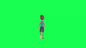 3d Animated teenage boy in jogging suit walking, back angle chroma key green screen