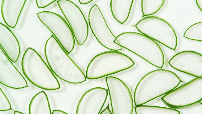 Fresh Aloe Vera Plant Slices Rotating Background on a White. Aloe Vera Sliced Leaf. Herb for Treatment and Skincare for Beauty and Spa. Dermatology Science Cosmetic Laboratory