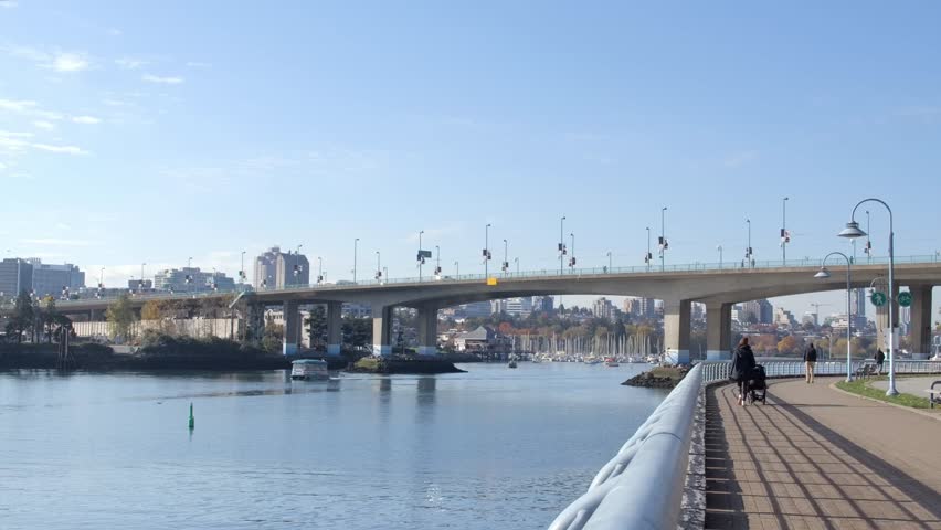View From Promenade Of Cambie Bridge Across False Creek In Daytime. Vancouver, Canada. wide shot