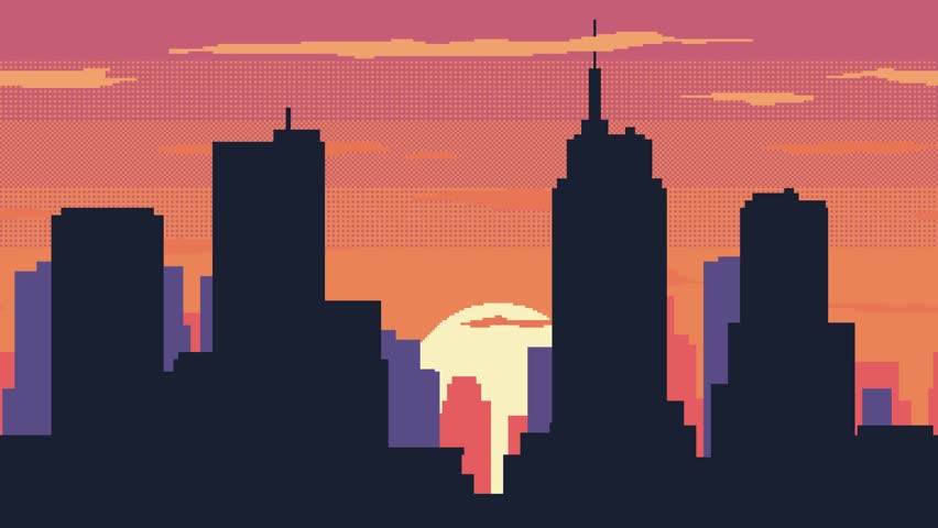 Animated pixel art design of cityscape with sunset and moving clouds. Retro game style city silhouette at sunrise cartoon. 4k resolution looping video - Powered by Shutterstock - Get 15% off with code: PIKWIZARD15