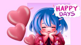 animation. 3d. little asian girl with blue hair says:happy days. heart and stars. cartoon. video.