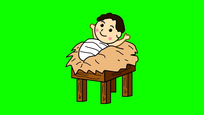 Vector of baby Jesus in the manger on a green background, merry christmas.