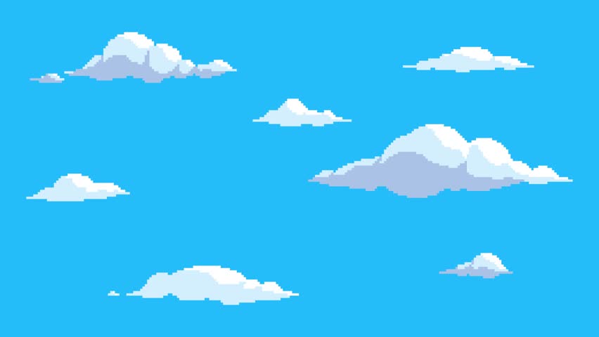 Pixel art clouds floating vertically on blue sky background. Seamless looping animation. Animated cartoon cloudscape.